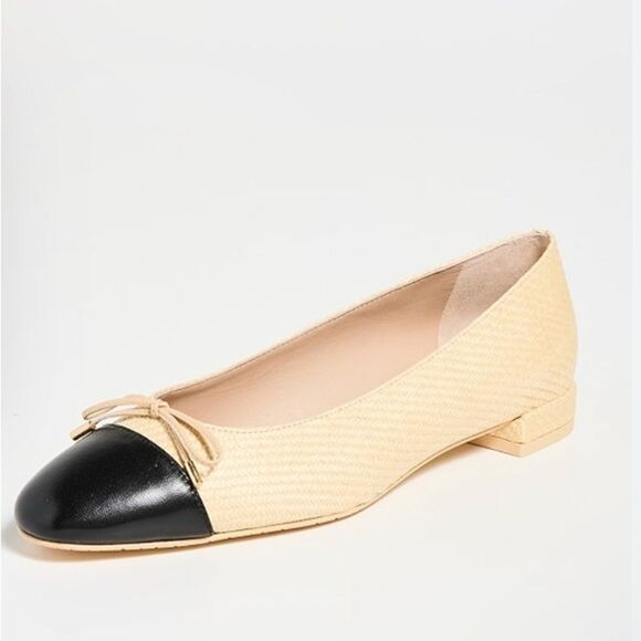 Stuart Weitzman Sleek Bow rounded toe black ballet Flats with natural raffia 8.5 - Picture 1 of 17